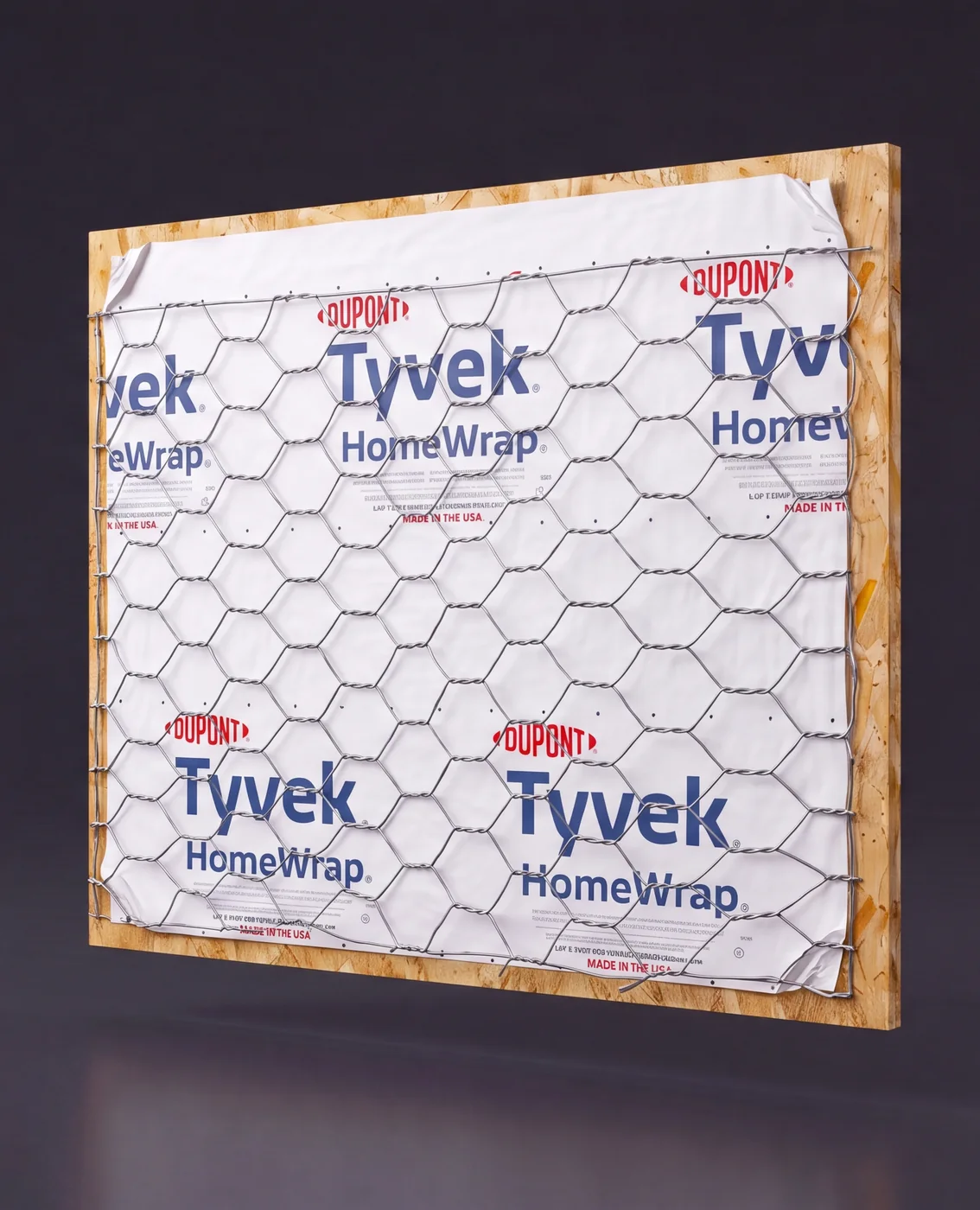 Exploded-View Wall System Animation for an Insulated Backer Board Portrait render of wire lath fixed over house wrap on wood sheathing in a traditional stucco wall