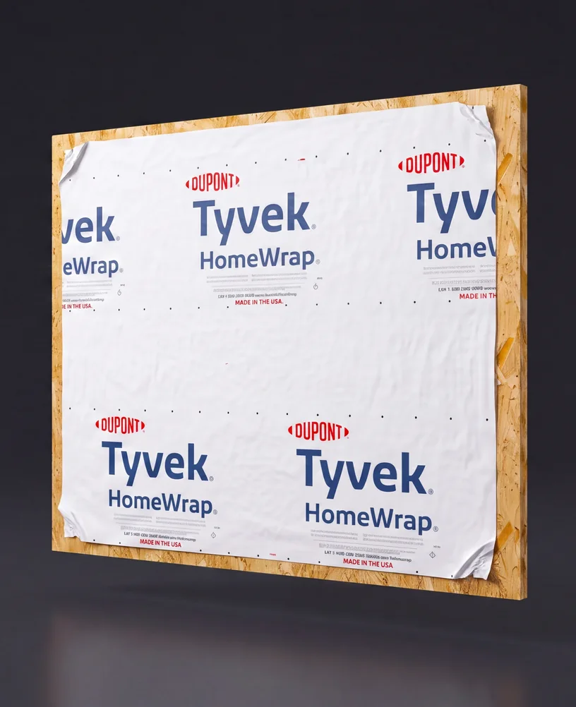 Exploded-View Wall System Animation for an Insulated Backer Board Portrait render of wood sheathing covered with house wrap, the first layers of a traditional stucco wall