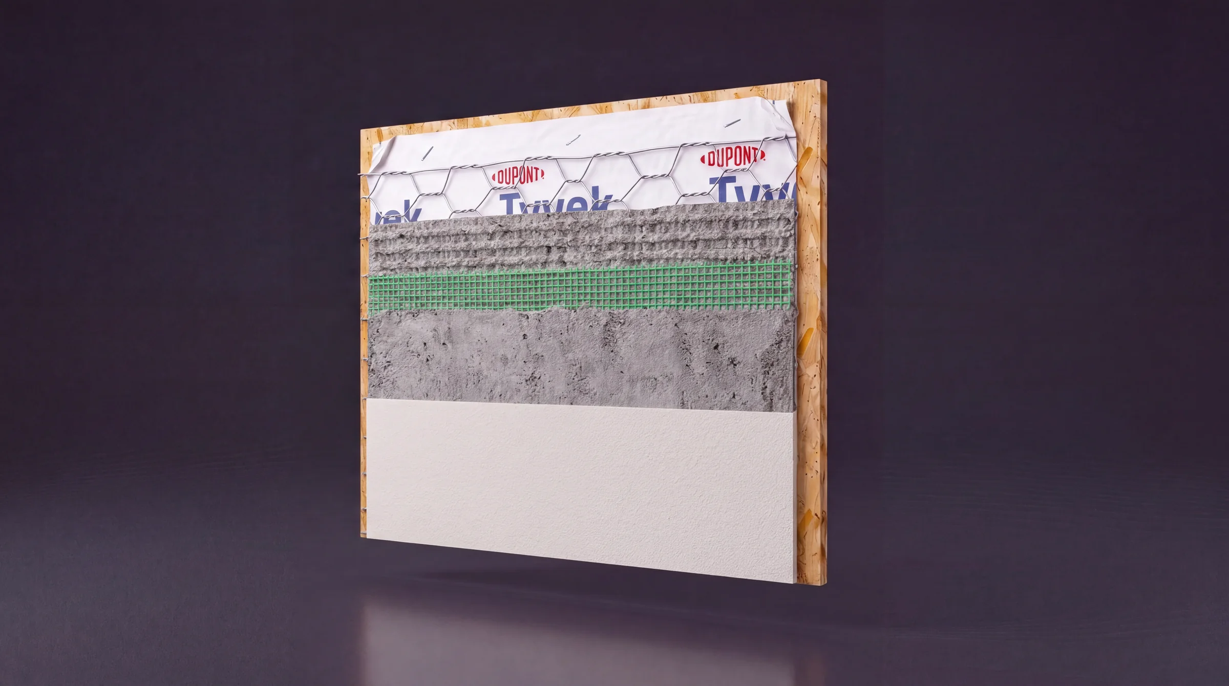 Exploded-View Wall System Animation for an Insulated Backer Board Render of a stucco wall stepping back from the finish coat through mesh and brown coat to the lath and house wrap