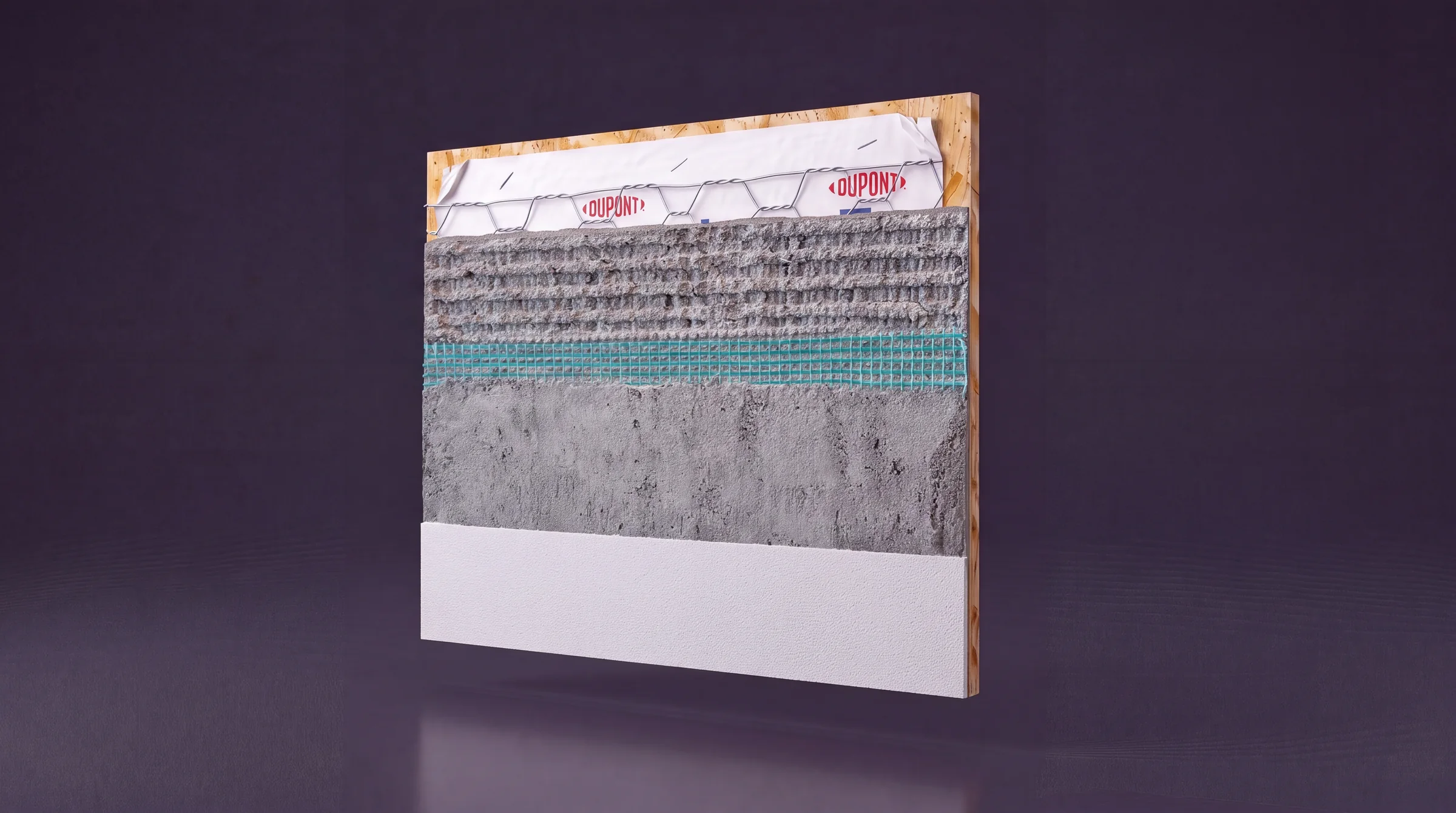 Exploded-View Wall System Animation for an Insulated Backer Board Render of a stucco wall section showing scratch coat, teal mesh, brown coat and a white finish over lath and house wrap