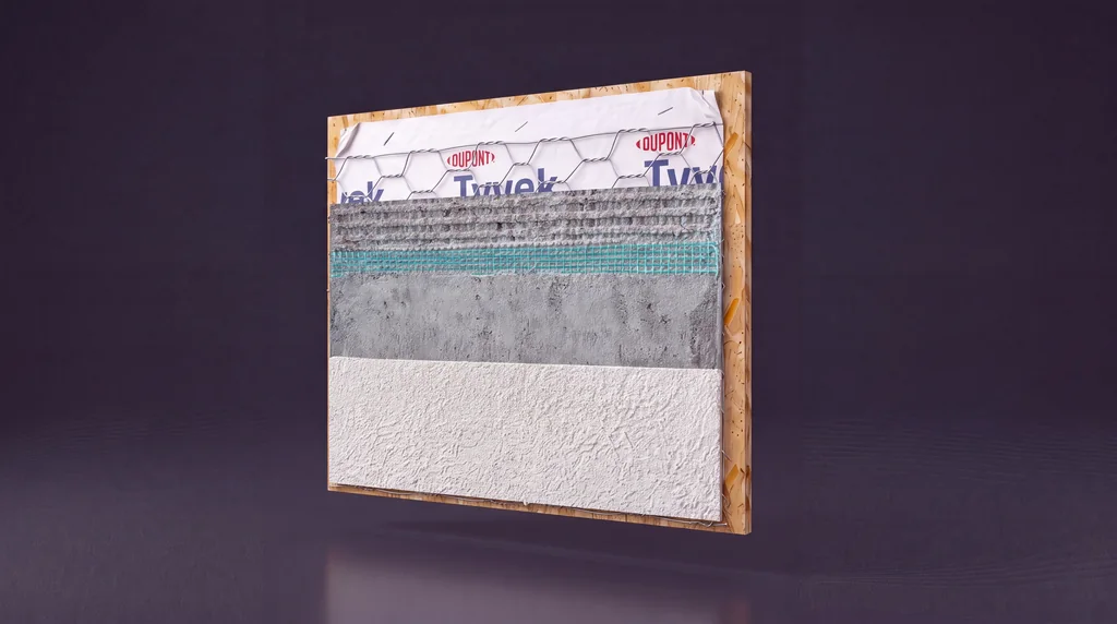 3D render of a traditional stucco wall assembly with sheathing, house wrap, lath and plaster coats