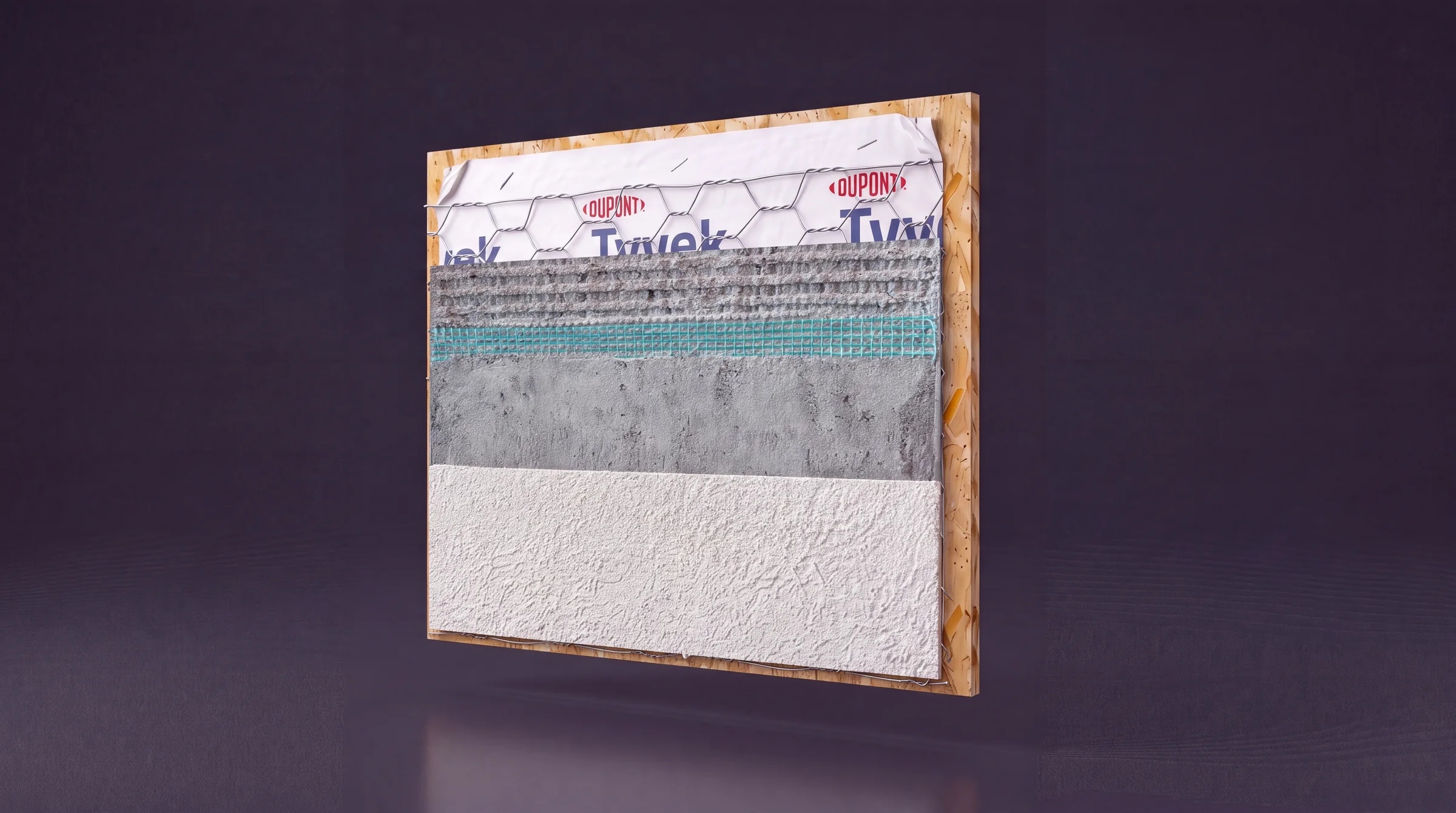 Exploded-View Wall System Animation for an Insulated Backer Board Render of a traditional stucco wall cut back in steps to show sheathing, house wrap, wire lath, scratch coat, mesh and finish