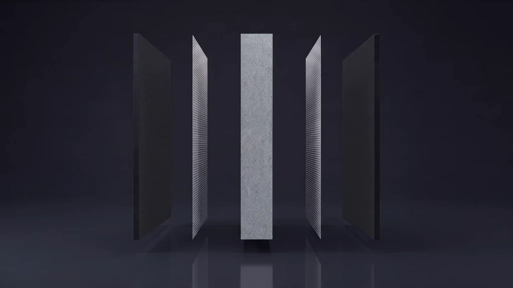 Exploded view film still of wall system boards separating