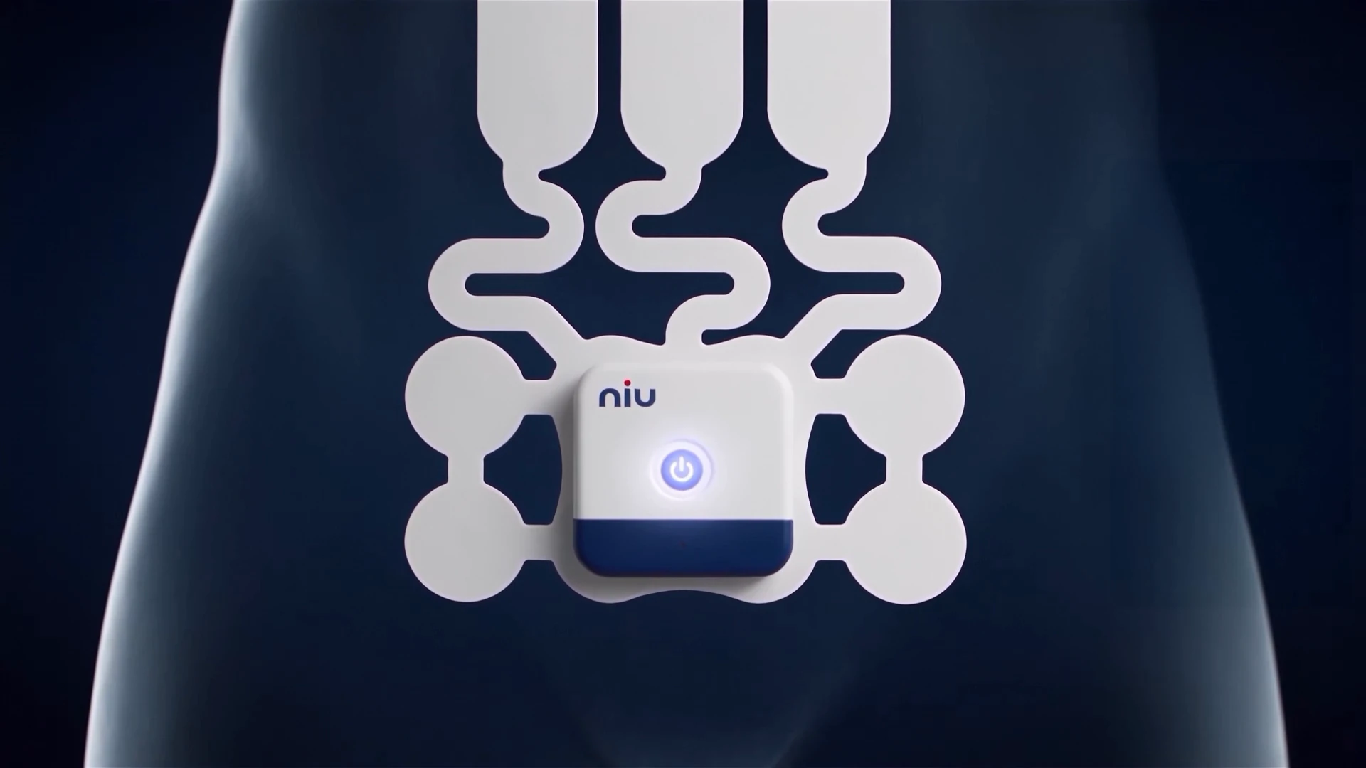 Wearable bladder monitor on the lower abdomen as the body becomes semi-transparent, power light on