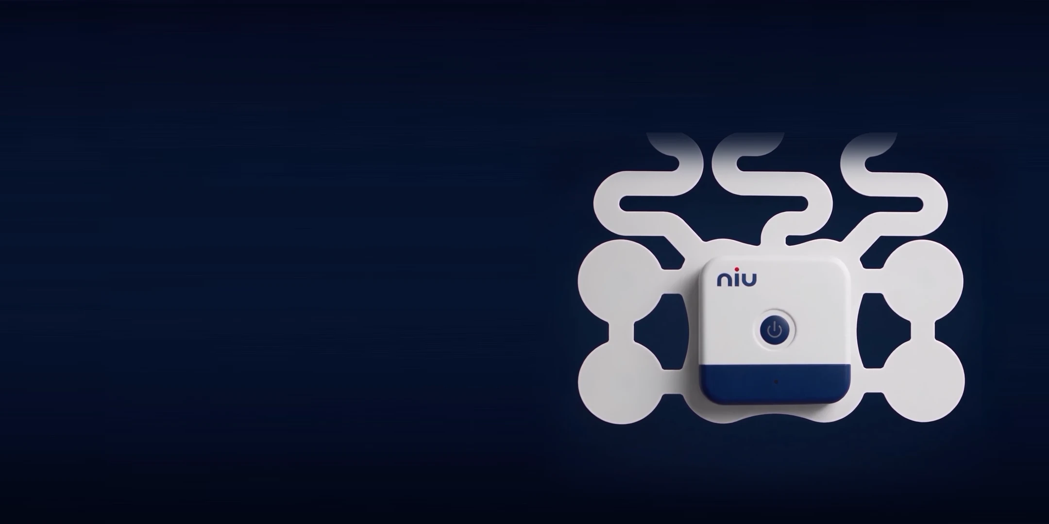 Wearable bladder monitor with a white pod and a blue base clipped onto its sensor film, 3D render on a dark navy background