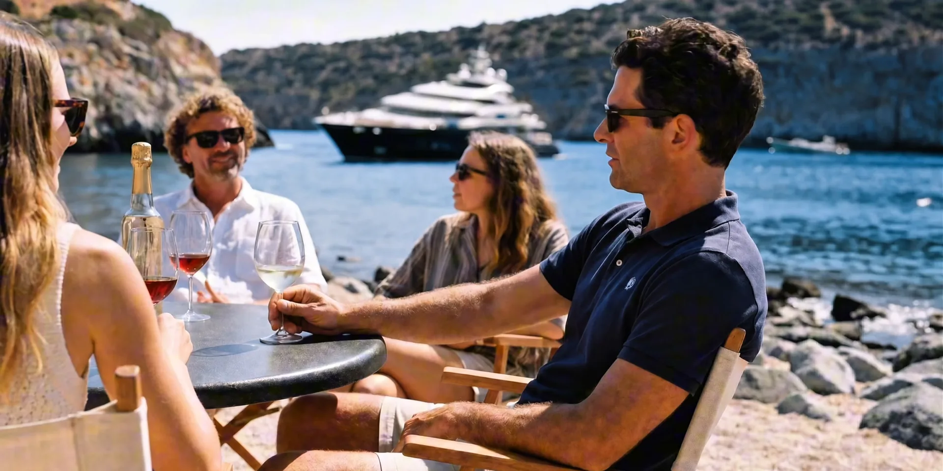 Film still of guests at a beach table with the superyacht anchored behind them