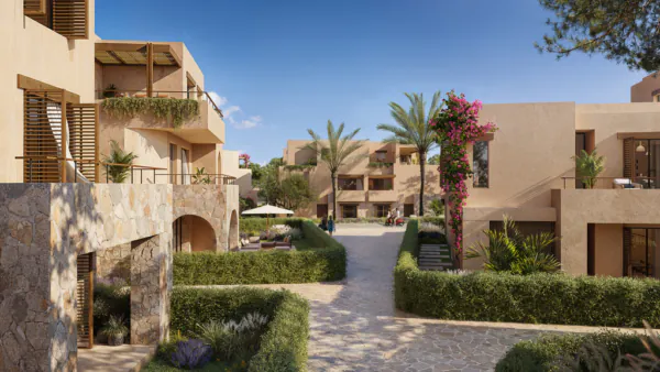 Mediterranean style homes with stone paths, greenery, and flowering plants, Architectural Animation Studios