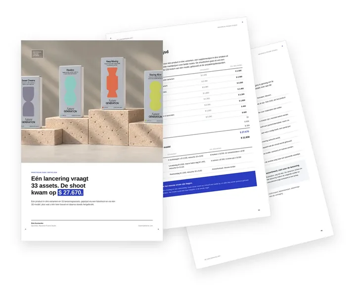 Omslag van de gids over een productlancering, geprijsd als fotoshoot of als product-CGI