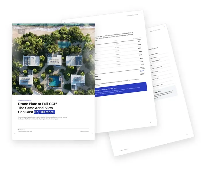 Cover of the guide on choosing between a drone plate and full CGI for aerial rendering