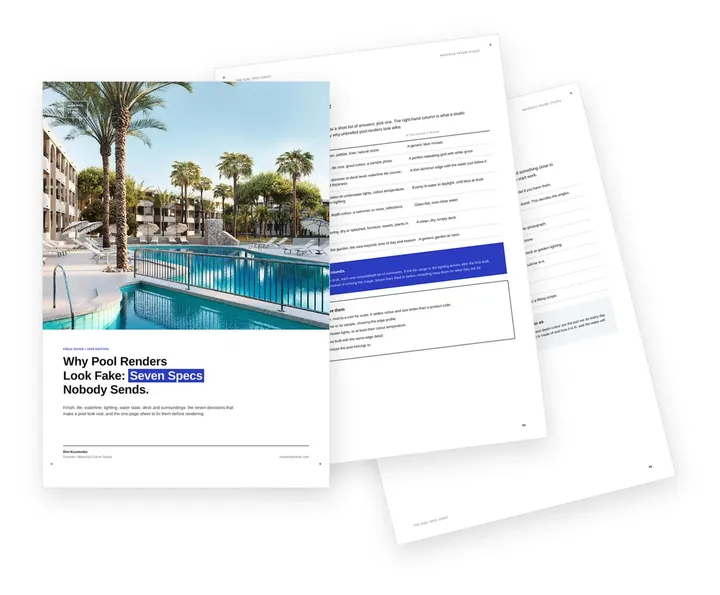 Cover of the guide on the seven specs that make a pool rendering look real