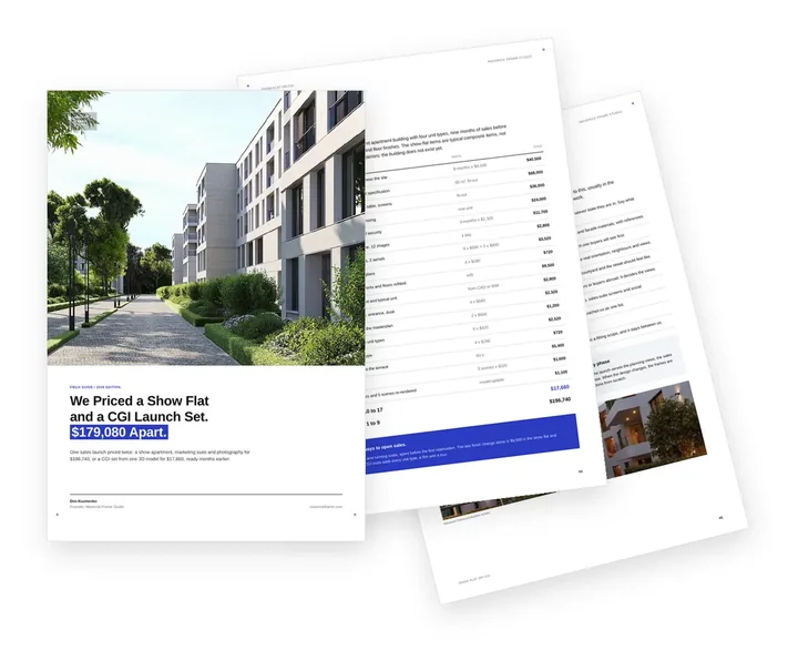 Cover of the guide comparing a show flat and marketing suite with a CGI launch set for a residential development