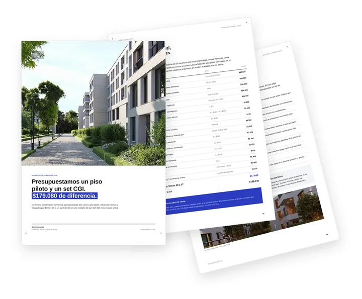 Portada de la guía que compara un piso piloto y una oficina de ventas con un set CGI de lanzamiento para una promoción residencial