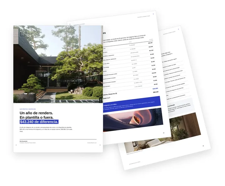 Portada de la guía que compara un infografista en plantilla con un departamento de render externo para estudios de arquitectura