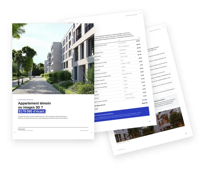 Couverture du guide comparant un appartement témoin et son bureau de vente à des images 3D de lancement pour un programme résidentiel
