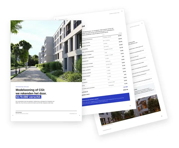 Omslag van de gids die een modelwoning met verkooppunt vergelijkt met een CGI-verkoopset voor een woningbouwproject