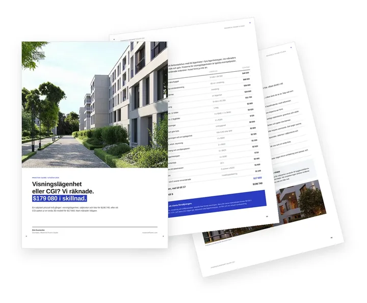 Omslaget till guiden som jämför en visningslägenhet och ett säljkontor med ett CGI-paket för ett bostadsprojekt