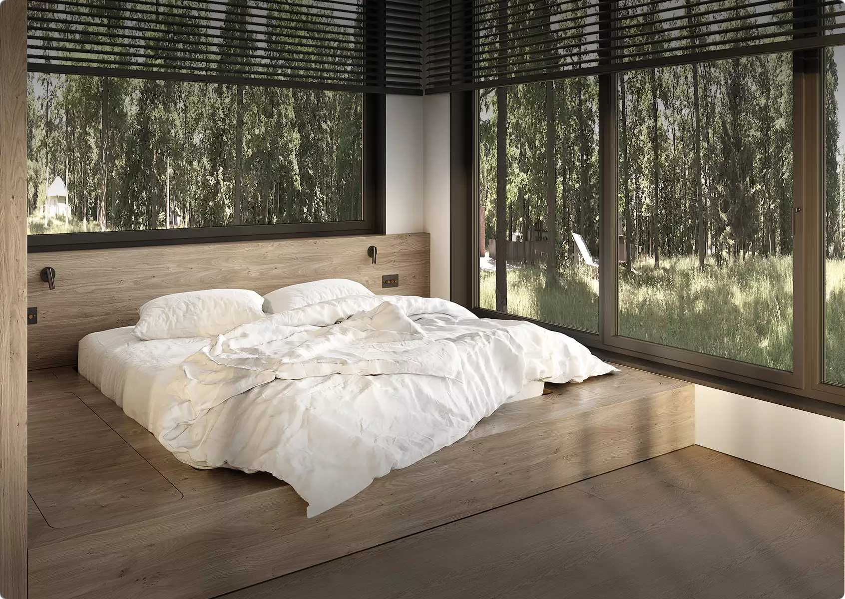 3D interior rendering of bedroom with low wooden bed, white bedding, large windows, forest view