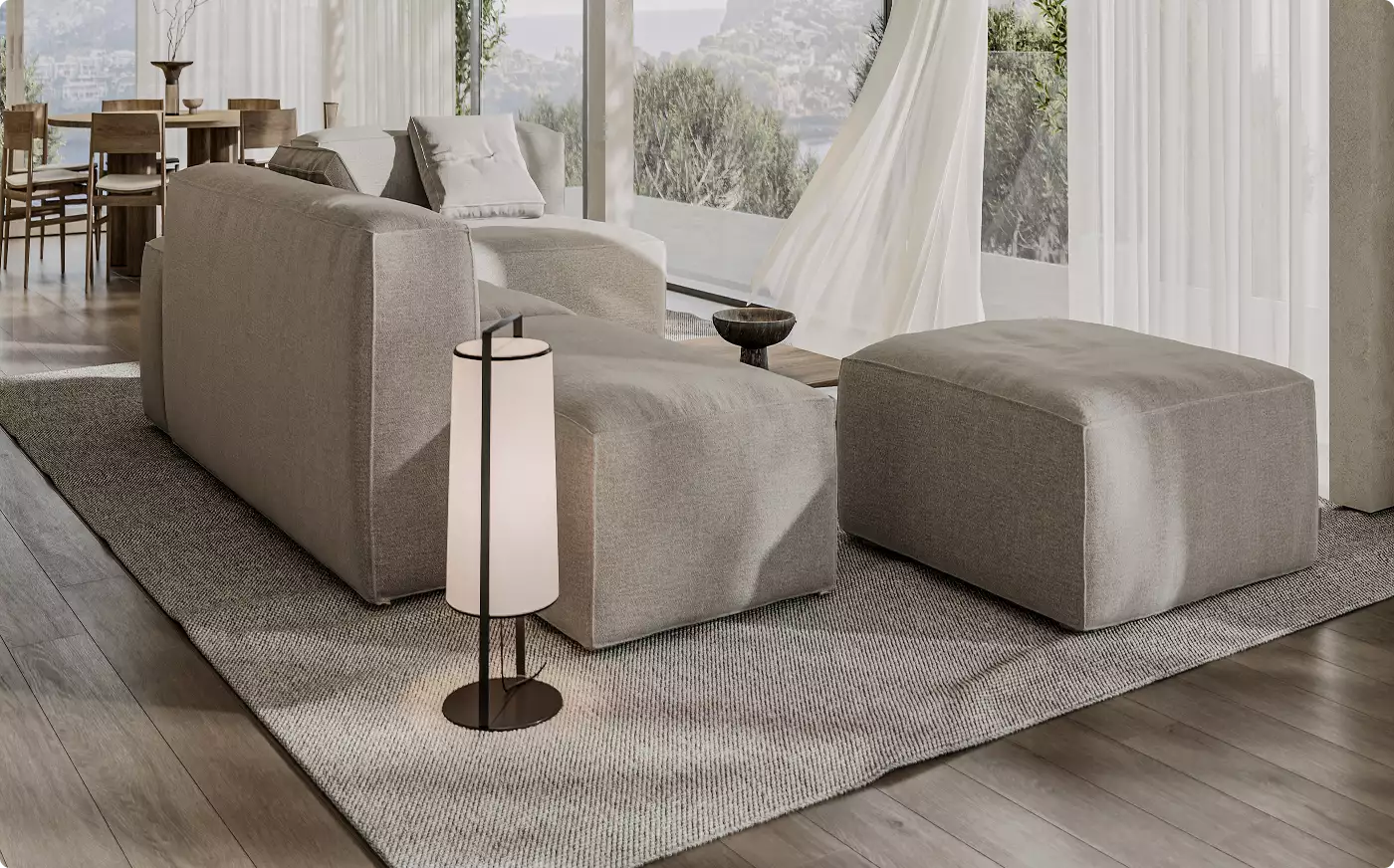 Bright living area with soft modular seating and sheer curtains in 3d interior rendering