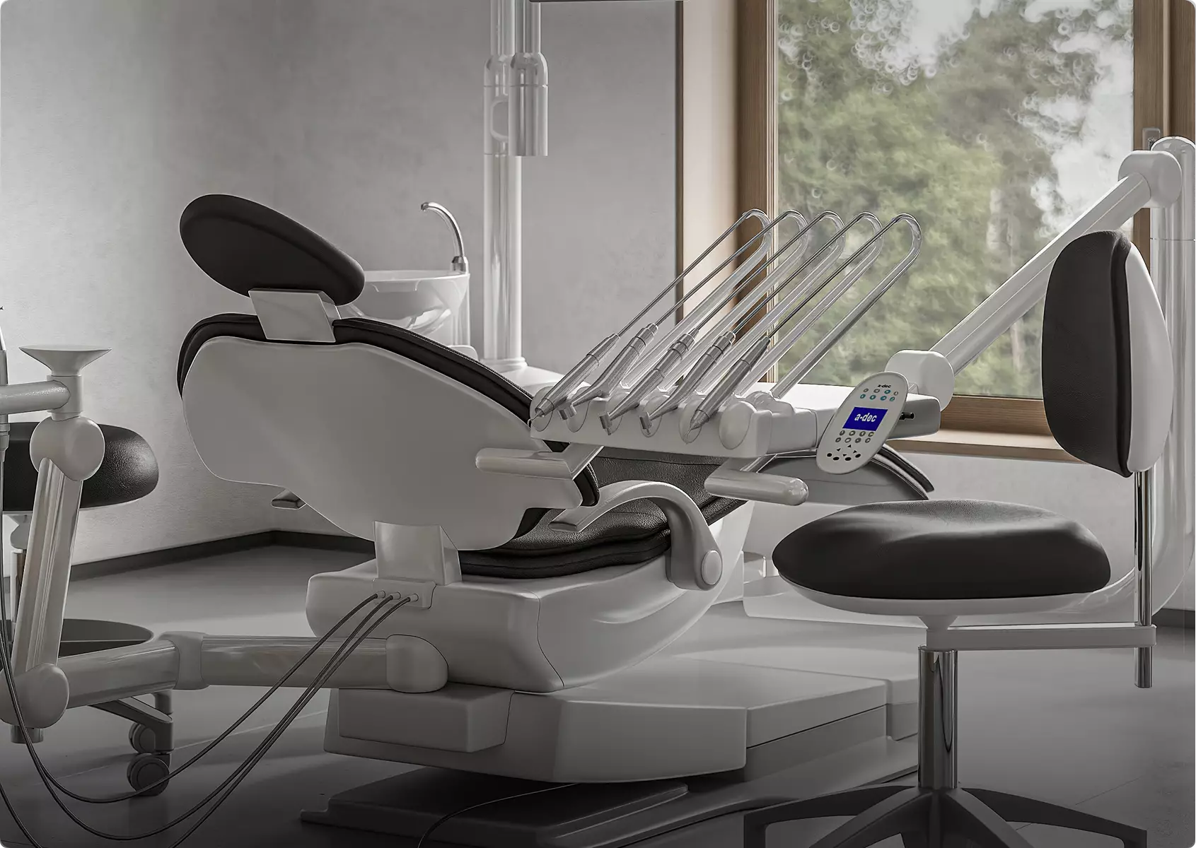 3D interior rendering of dental clinic with chair, equipment arms, control panel, window view