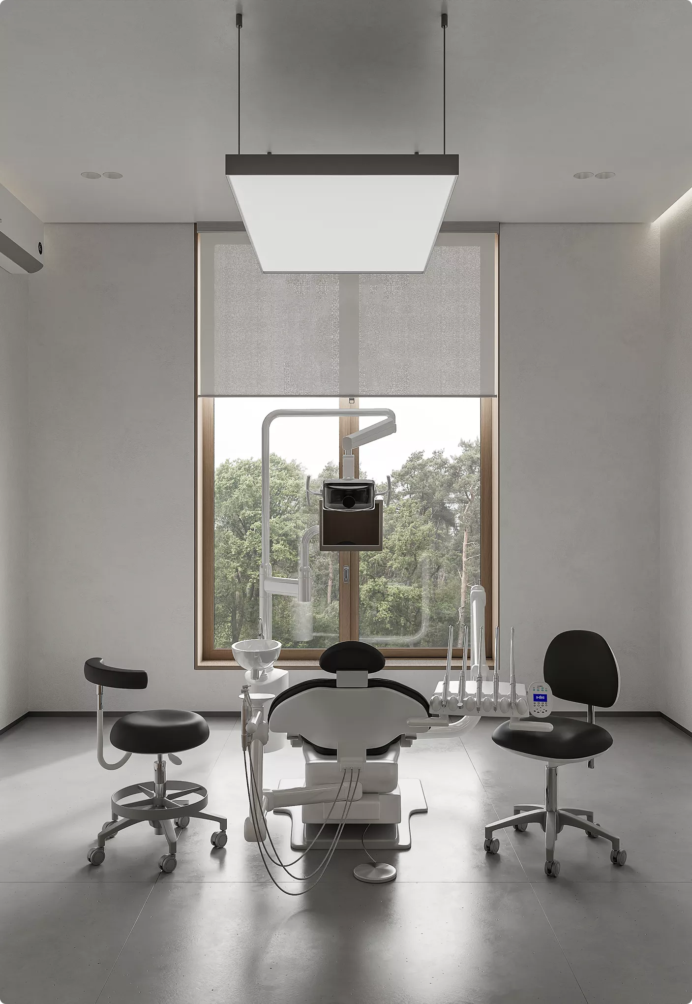 Modern dental treatment room in 3D Interior Rendering with chair and panoramic window