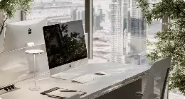 Bright office workspace, 3d interior rendering services, with desktop monitor, white desk, and city view