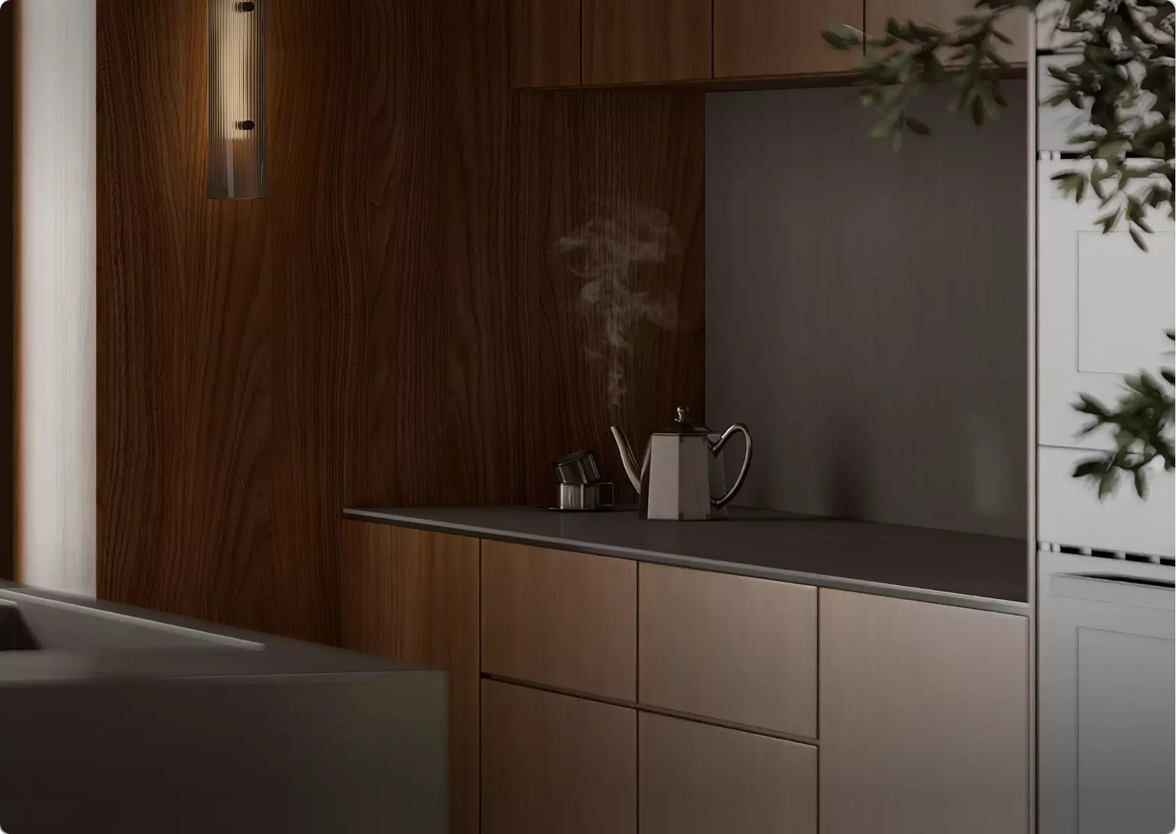 3D interior rendering of modern kitchen counter with wood cabinets, metal kettle, steam, soft lighting
