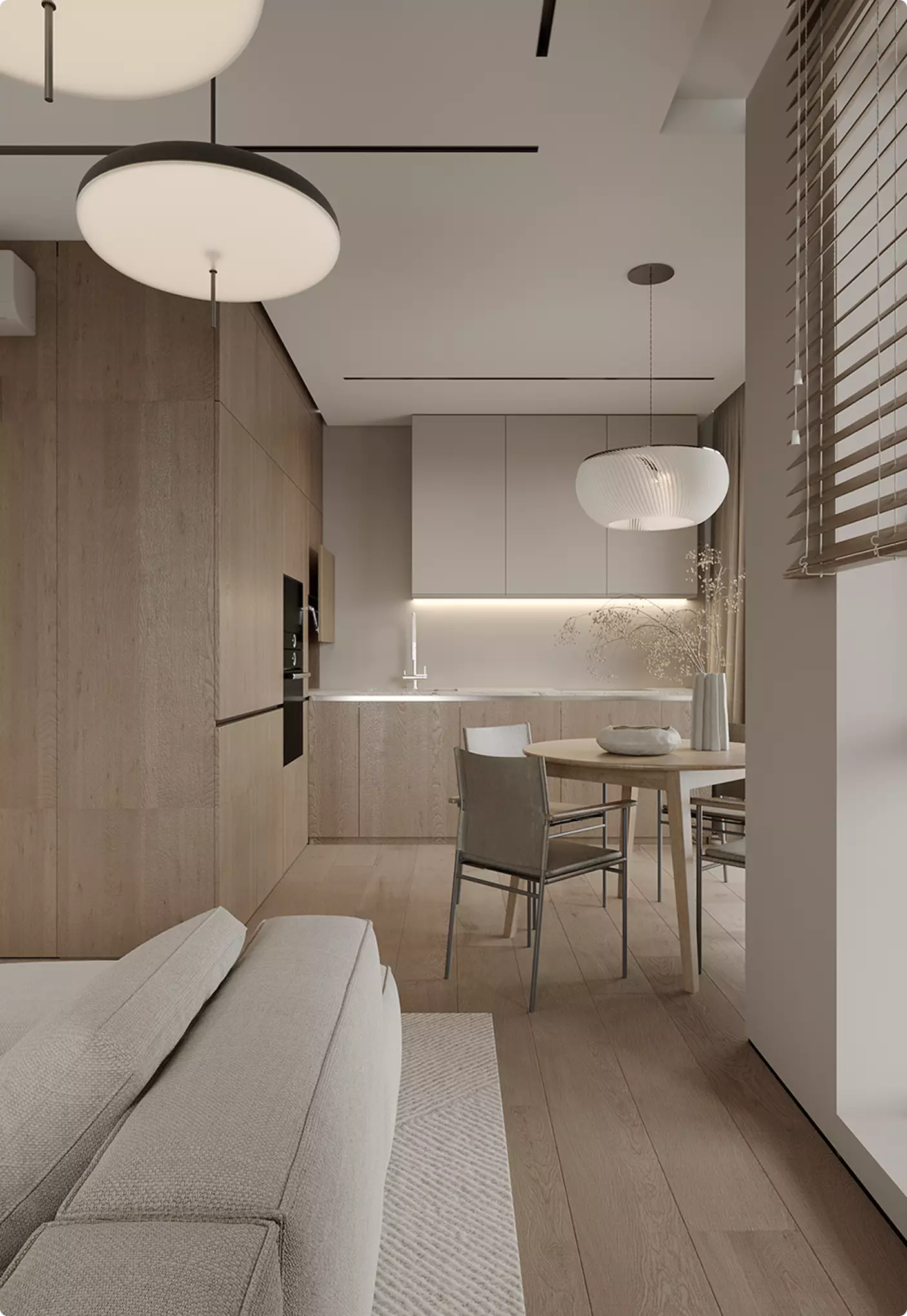 Minimal kitchen and dining space in 3D Interior Rendering with wood cabinetry and pendant lights