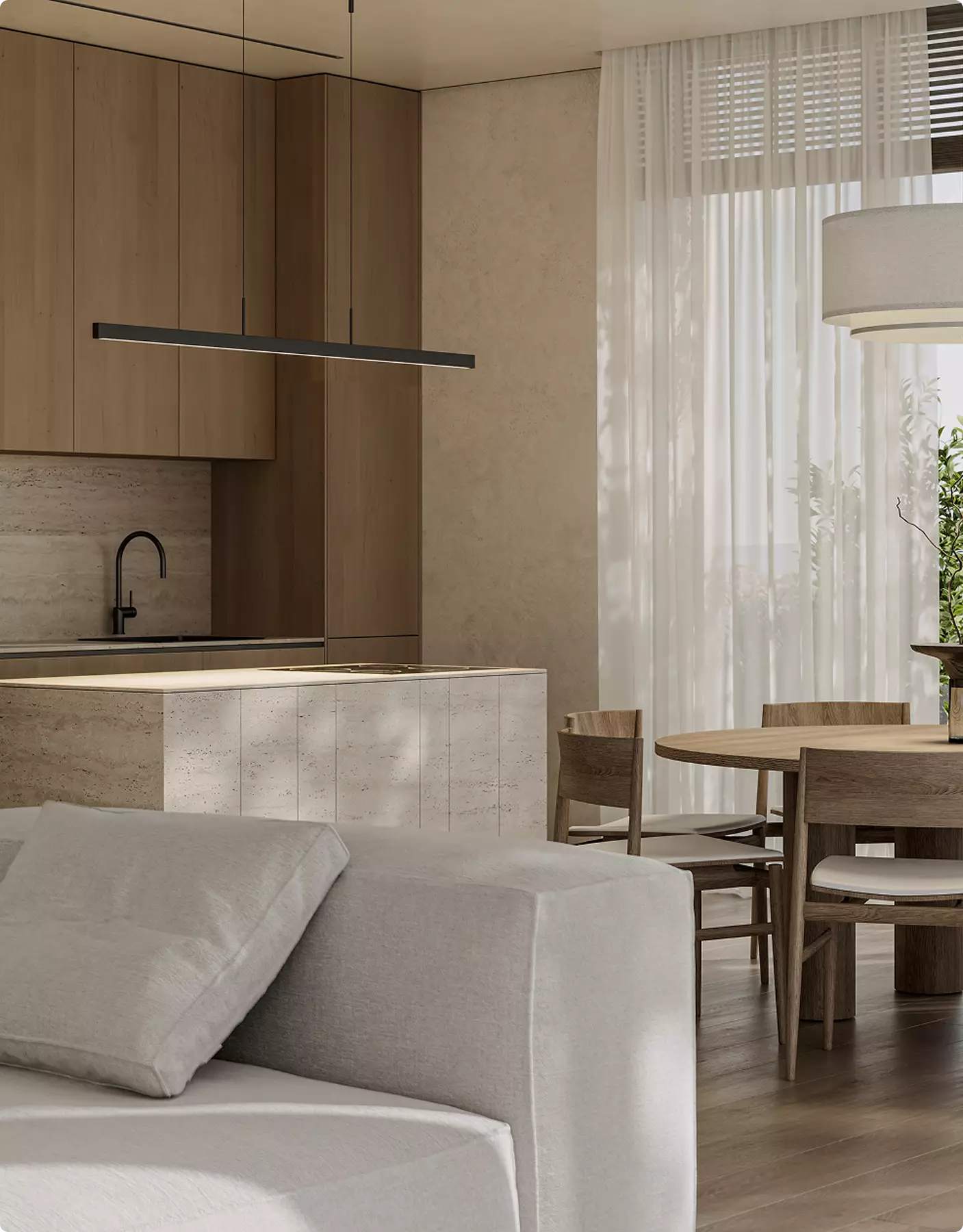 Modern kitchen island and dining table in 3D Interior Rendering with sheer curtains