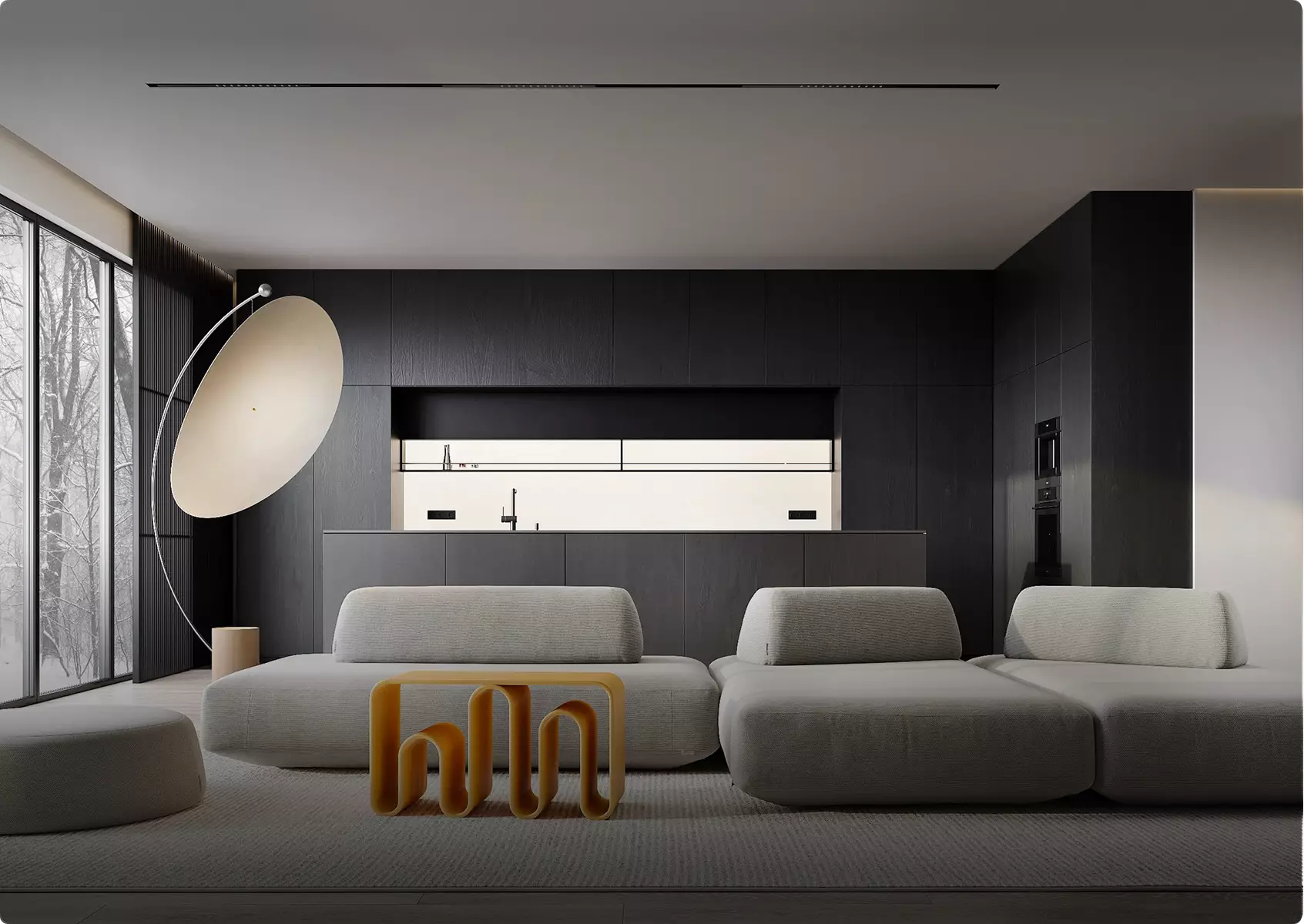 3D interior rendering of modern living room with modular sofa, black kitchen wall, large floor lamp