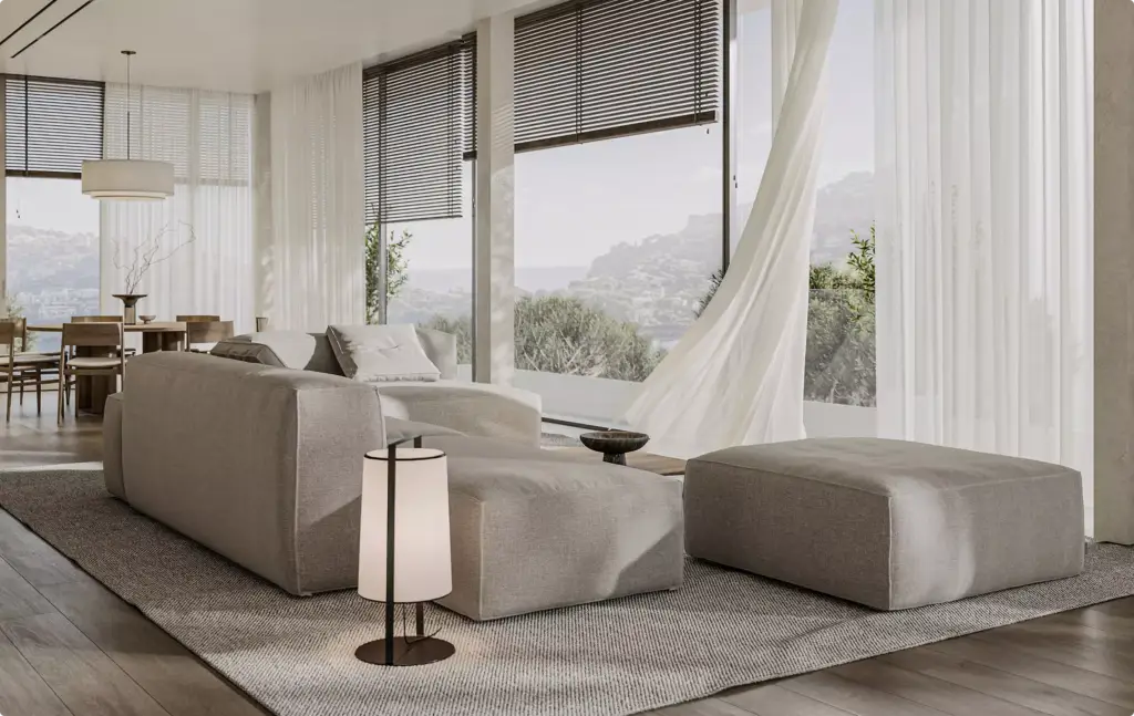 Minimal living room with large windows in 3D Interior Rendering and soft neutral furniture