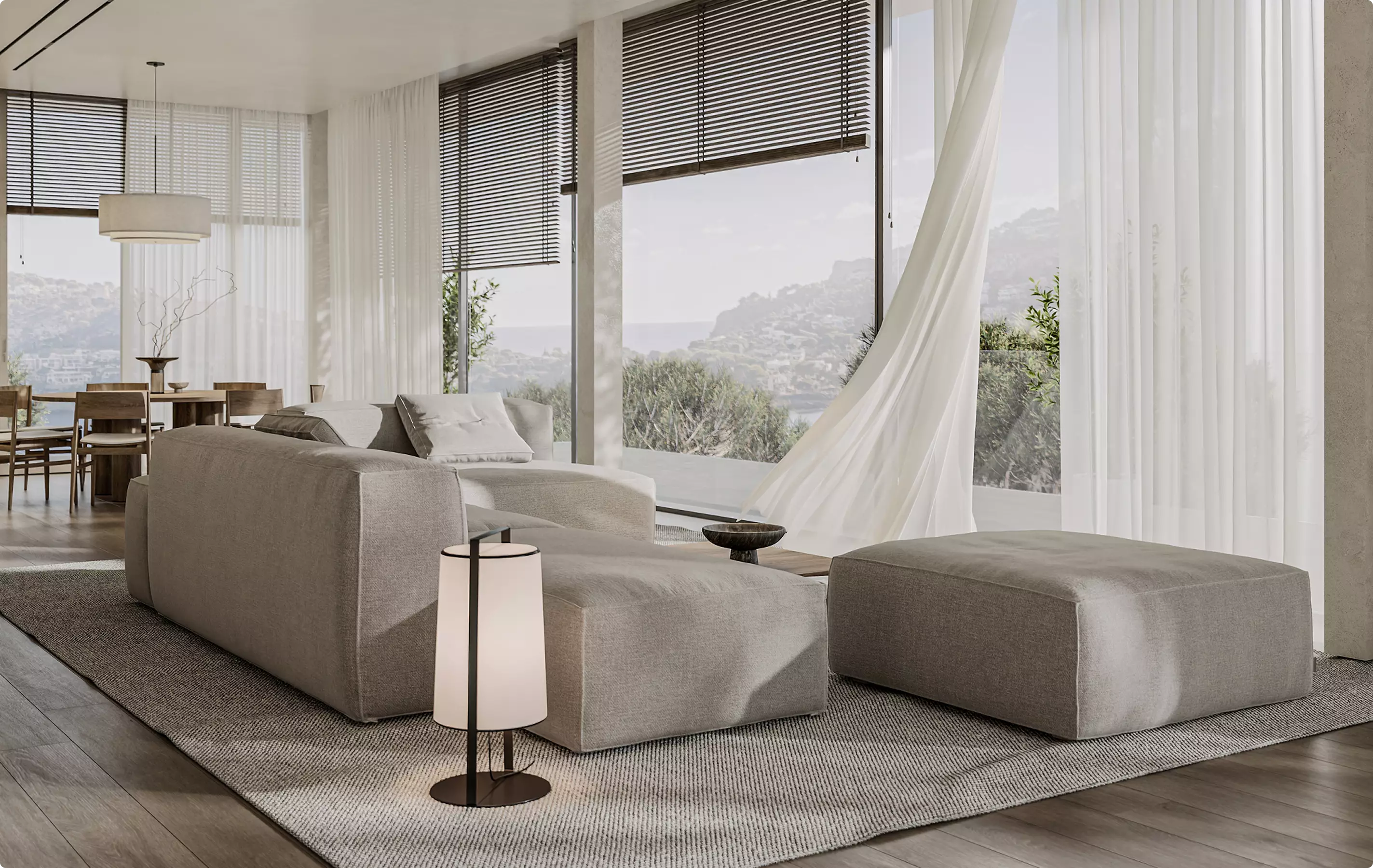 Minimal living room with large windows in 3D Interior Rendering and soft neutral furniture