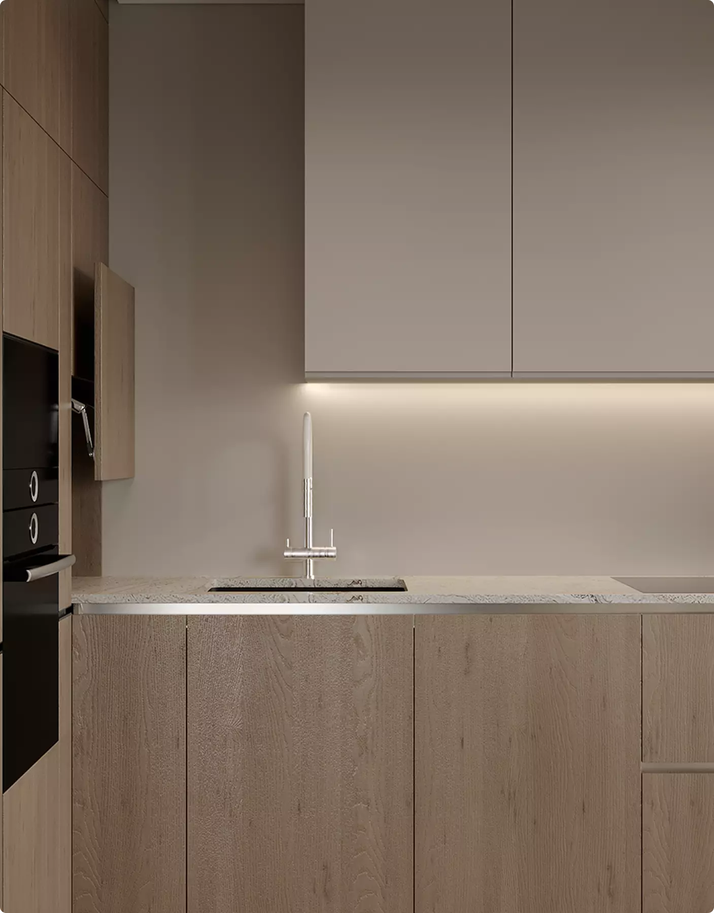 Minimalist kitchen sink and wood cabinets in 3D Interior Rendering with undercabinet lighting