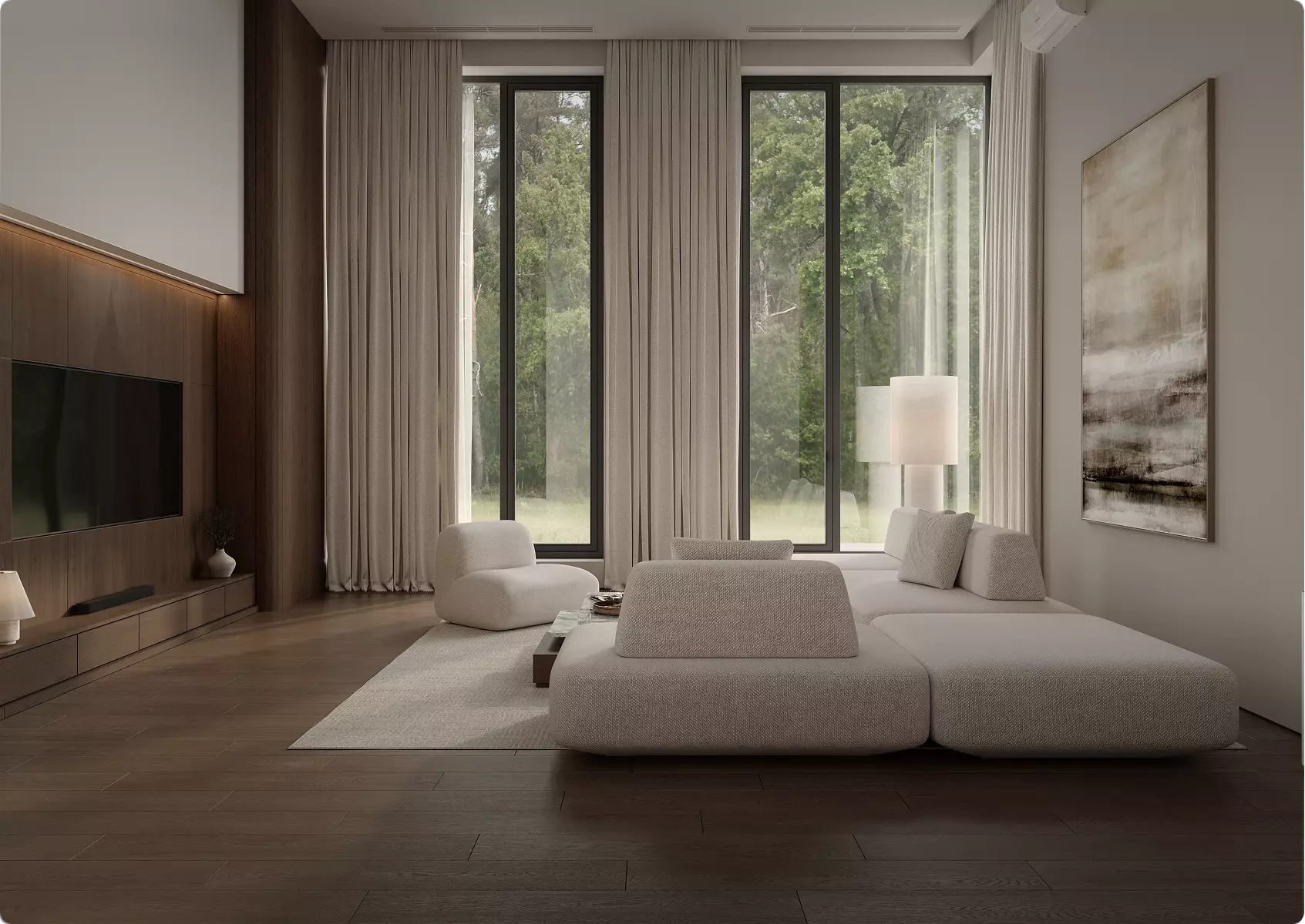3D interior rendering of modern living room with low sofa, tall windows, sheer curtains, forest view
