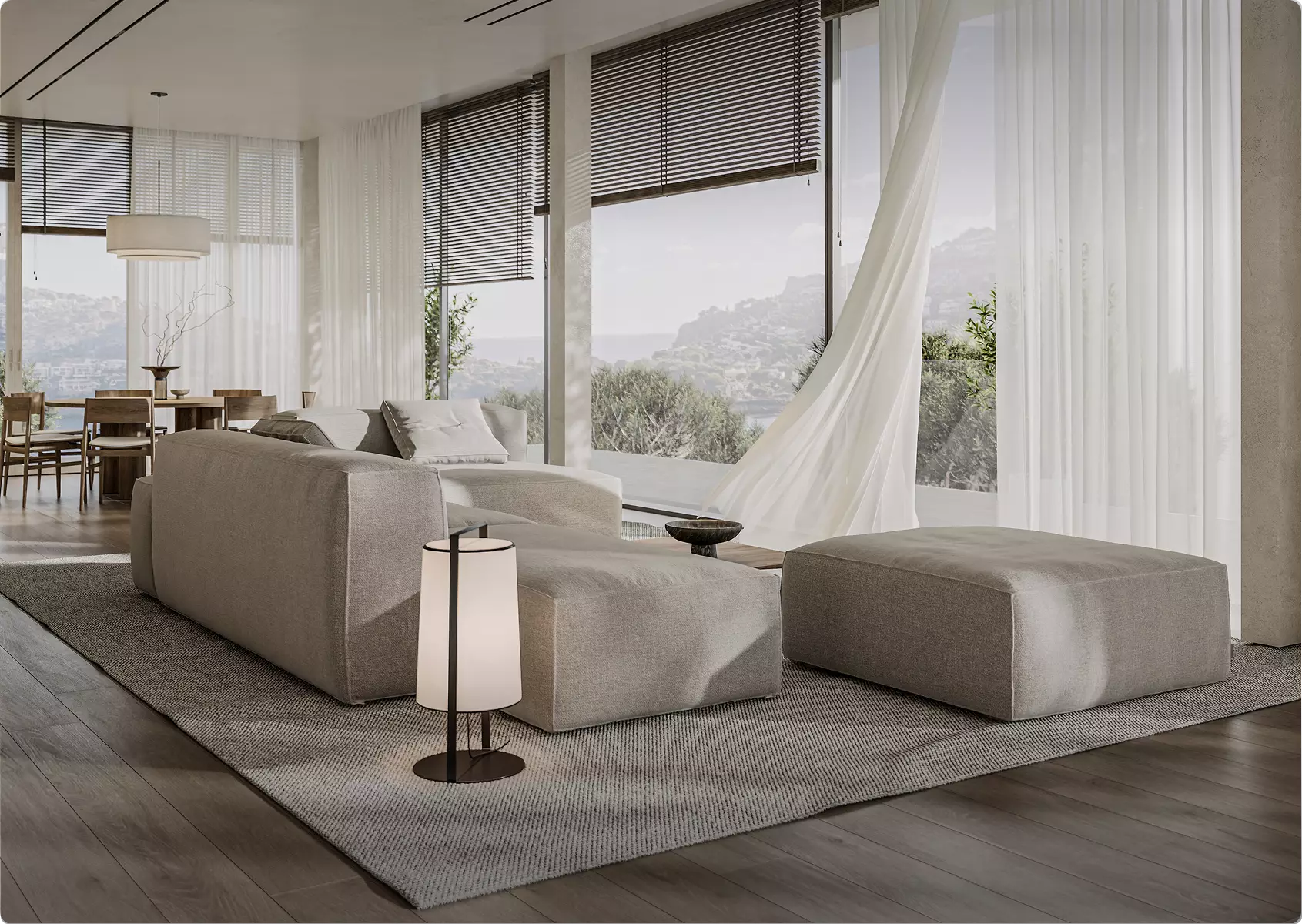 3D interior rendering of modern living room with beige sofa, large windows, sheer curtains, mountain view