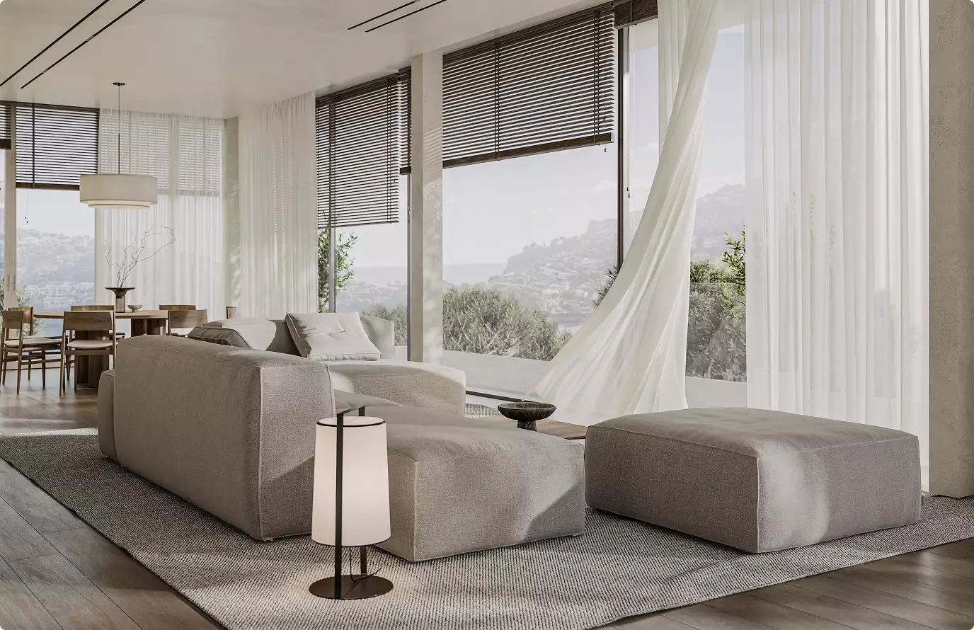 3D interior rendering of an open-plan living space with large horizontal windows