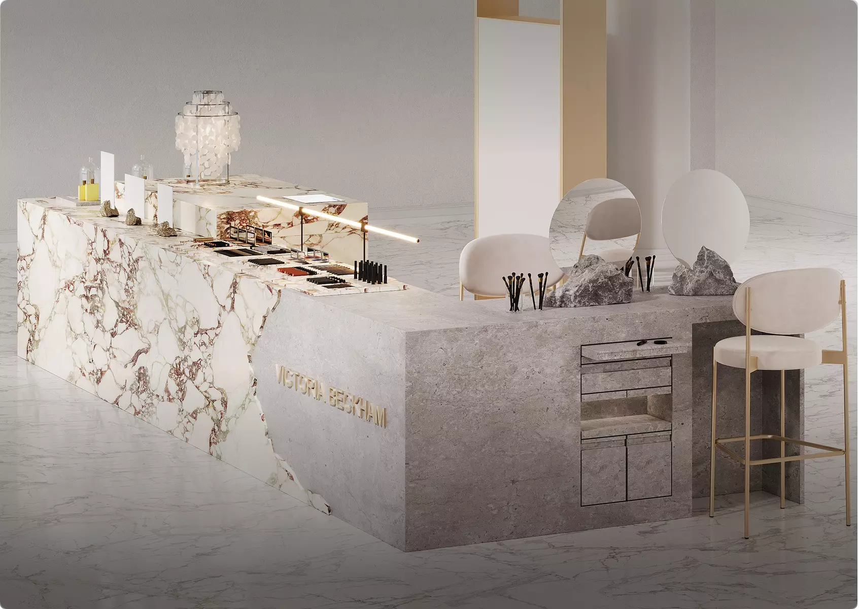 3D interior rendering of luxury retail counter with marble surfaces, makeup display, mirrors, chairs