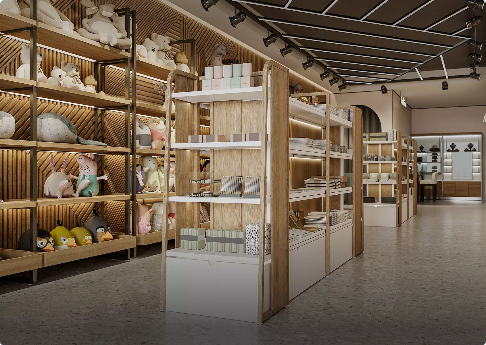 3D interior rendering of retail store with wooden shelves, toys, books, display racks, ceiling lights