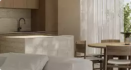 Sunlit kitchen and dining area, 3d interior rendering services, with stone island, wood cabinets, and sheer curtains