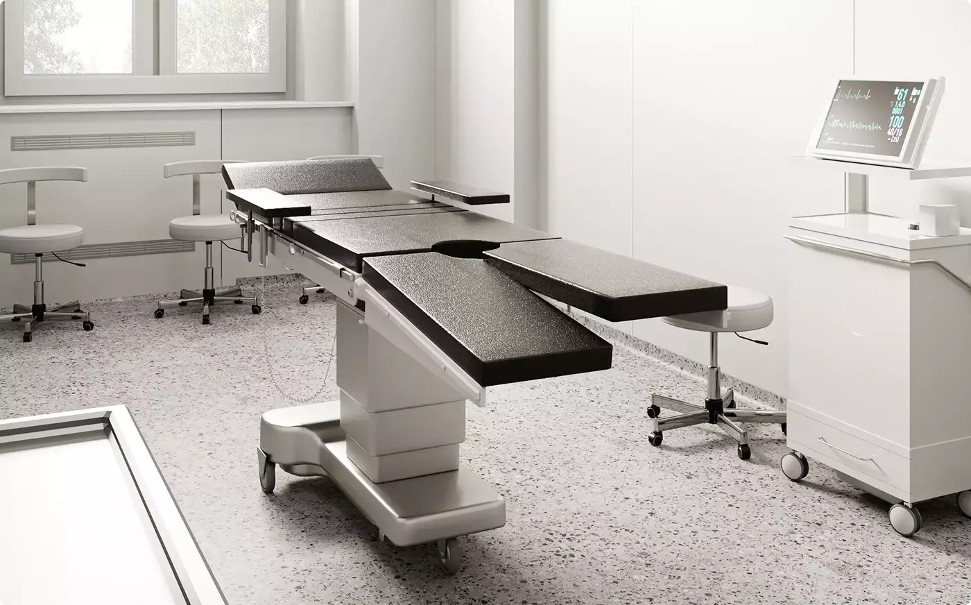 Minimalist medical procedure room with white walls and treatment chair in 3d interior renderings
