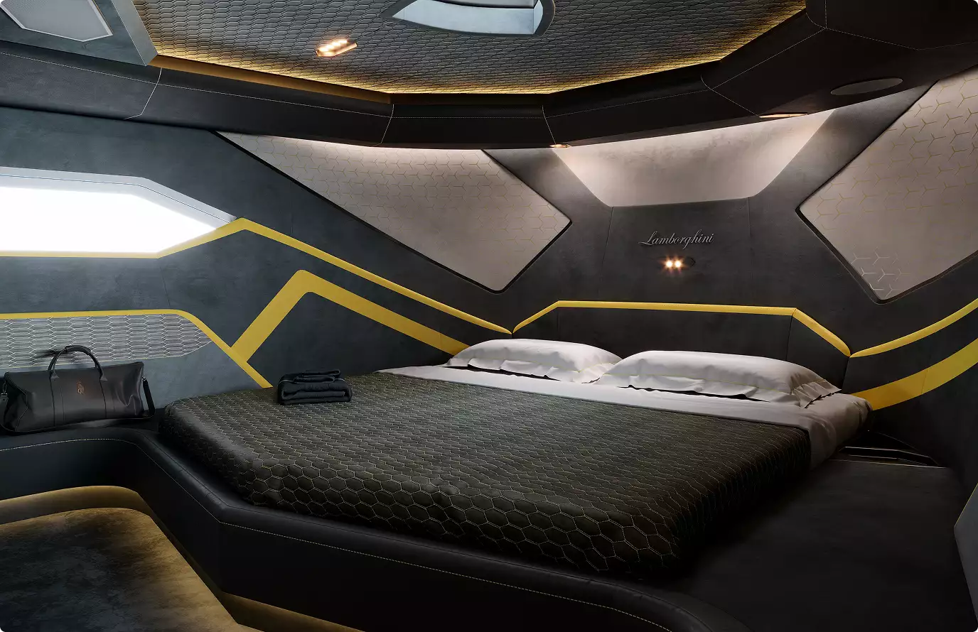 Futuristic bedroom with geometric wall design and ambient lighting in 3d interior renders