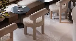 Modern lounge seating area with textured chairs and round tables in 3d interior renders