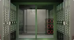 Green server room, 3d interior rendering services, with glass doors, equipment racks, and cooling units