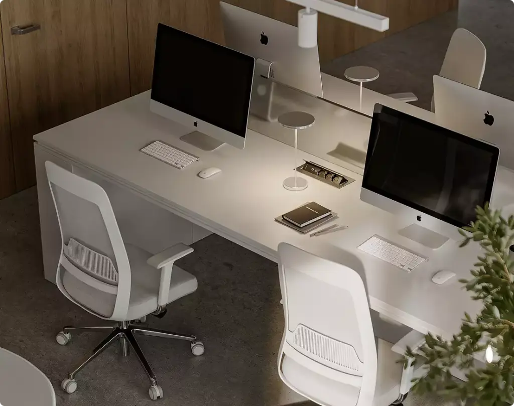 Modern office workstation with dual monitors and wood panels for 3d interior visualization services