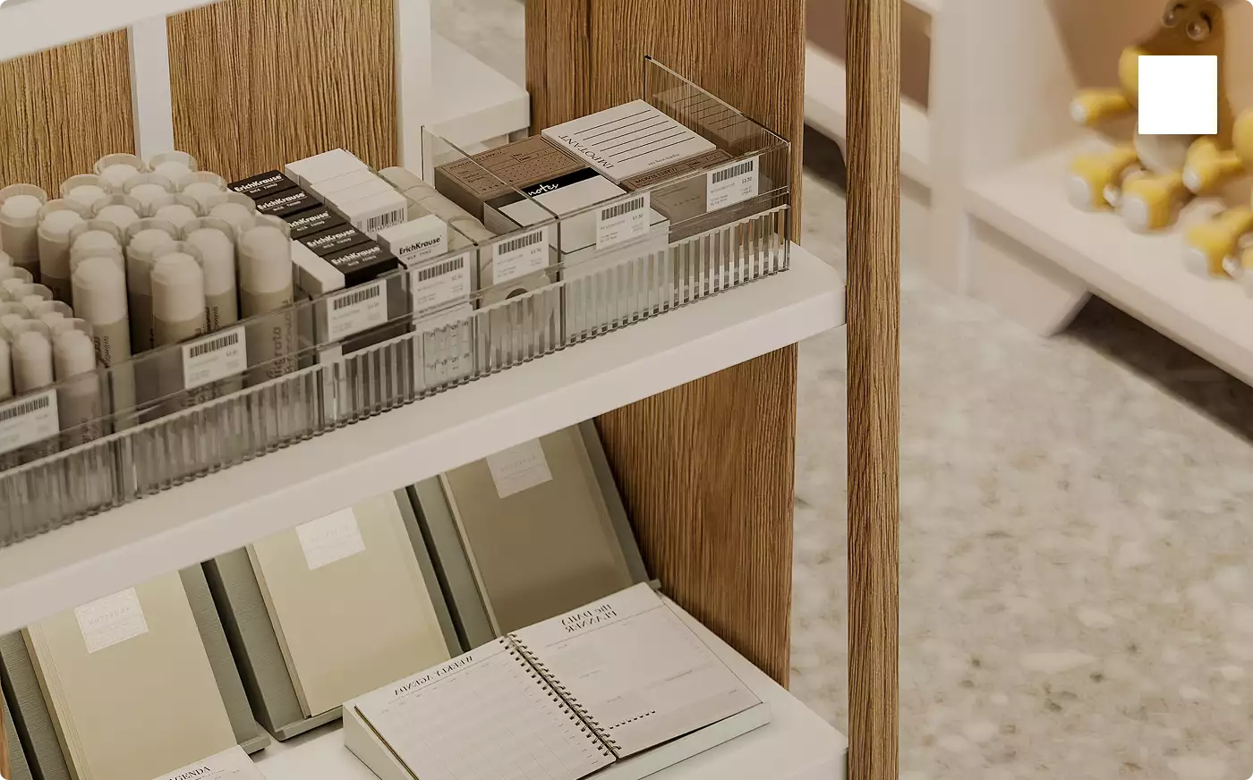 Retail shelving with packaged products and clean display layout in 3d visualization interior design