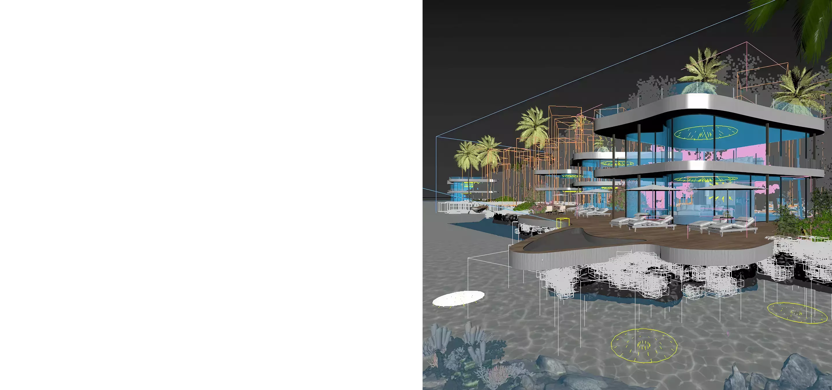 Detailed 3D building model with wireframe elements, Drawing vs 3D Model - What's the difference concept