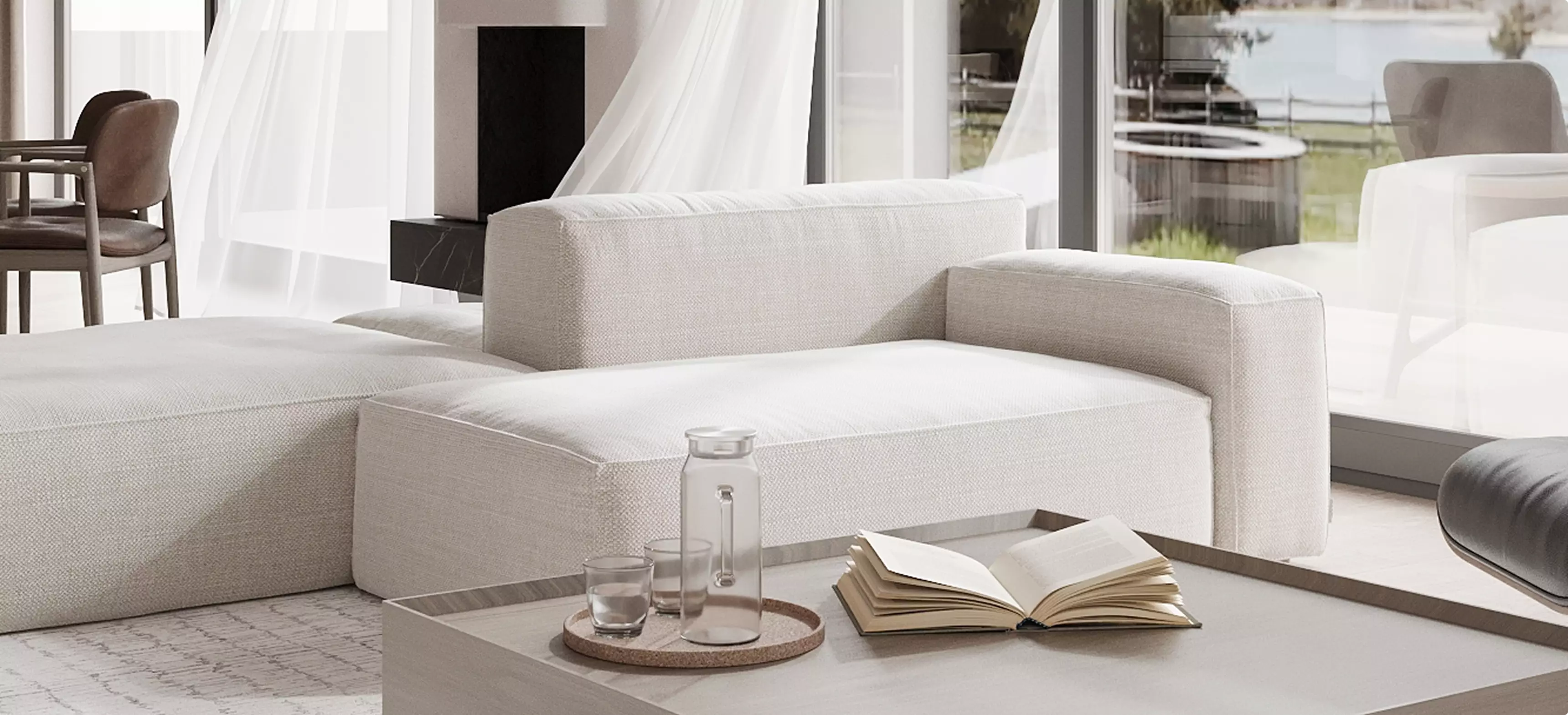 Office render of a bright lounge with white sofa, coffee table, open book, and sheer curtains
