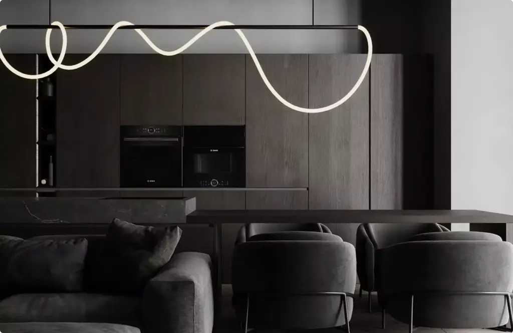 Luxury kitchen and bar area with pendant lighting and dark finishes for interior rendering services