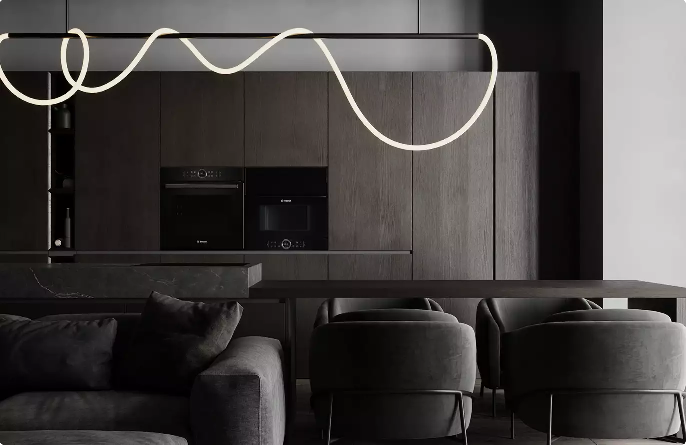 Luxury kitchen and bar area with pendant lighting and dark finishes for interior rendering services