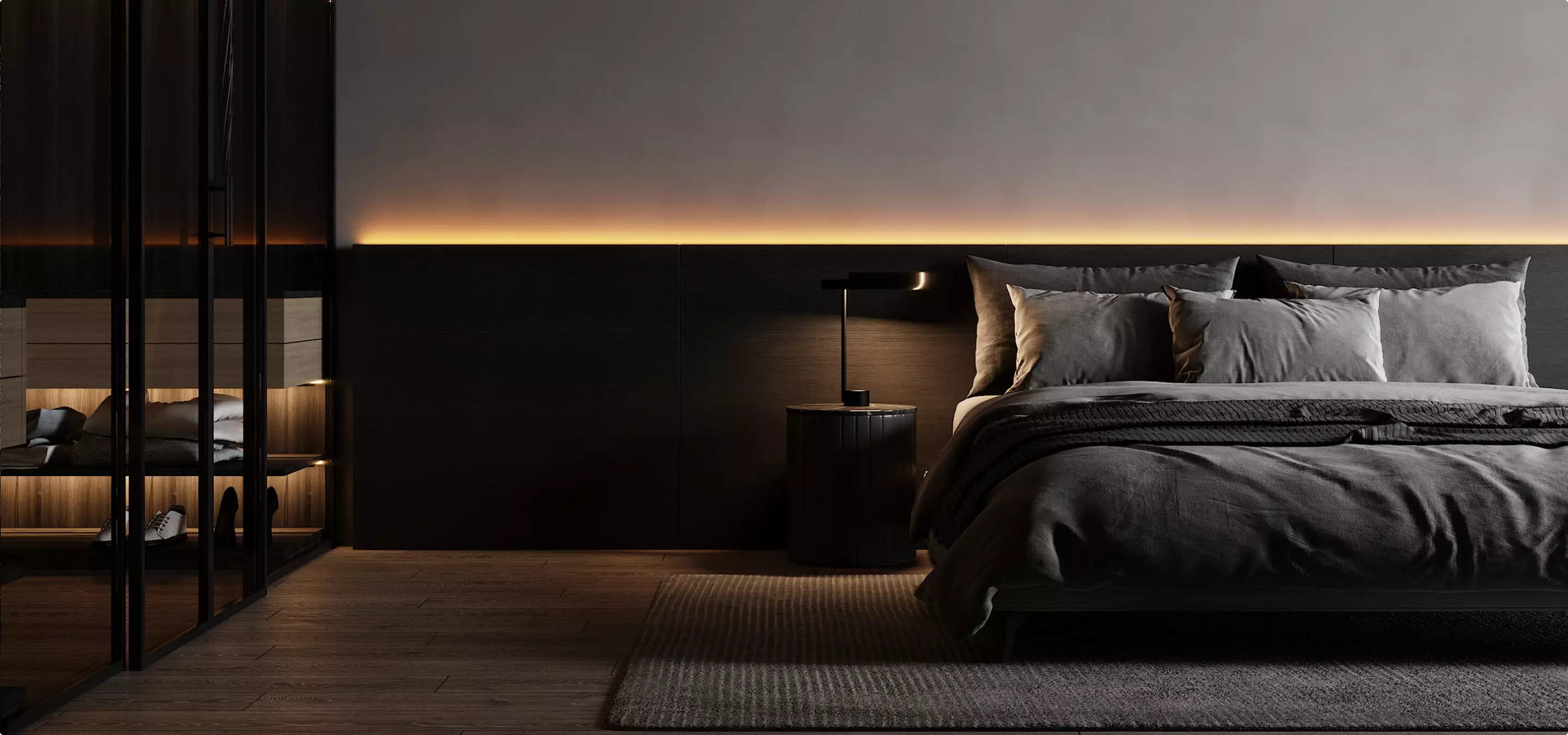 Minimalist bedroom with bed and ambient lighting, vr tour vs virtual tour 360 difference