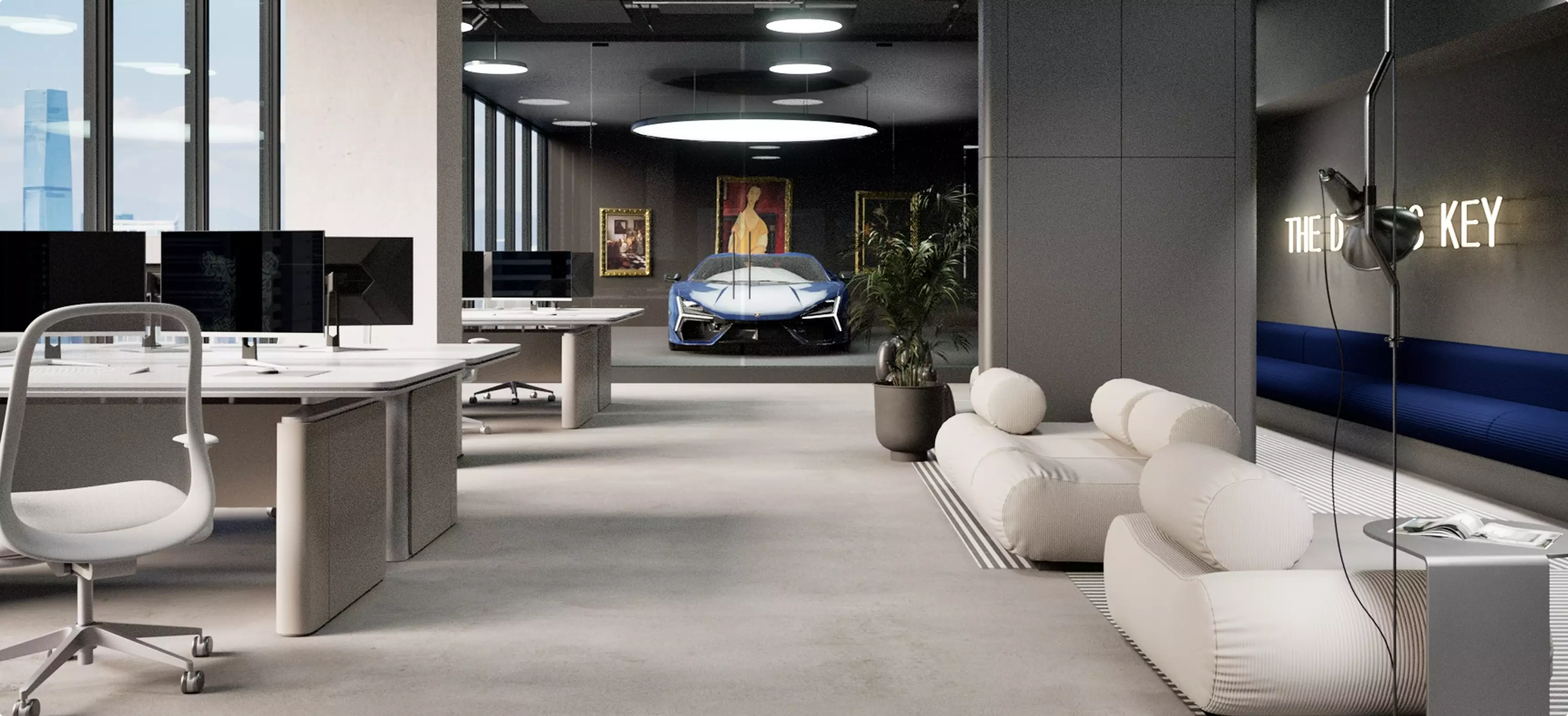 Office render with desks, monitors, lounge seating, blue car display, wall sign, and city windows